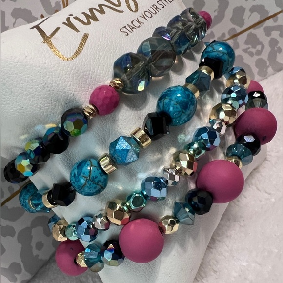 Brand New ERIMISH Bracelets - 4 pc Stack - Pink, Blue & Gold - Picture 2 of 3